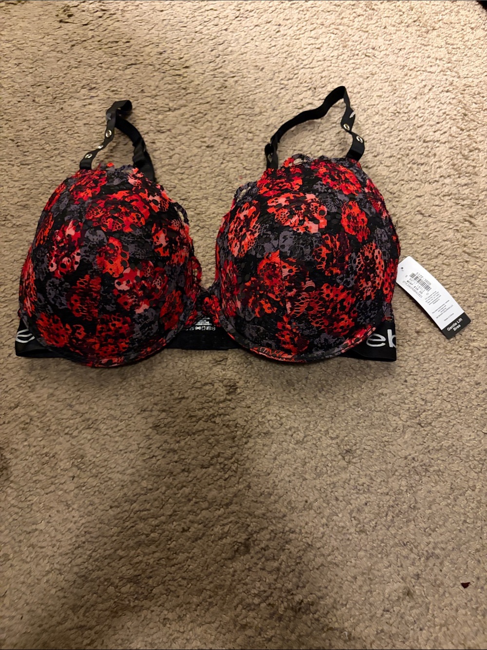 bebe Red and Black Floral Lace Bra with Logo Band
